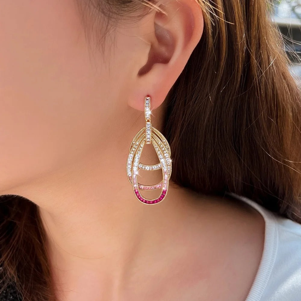 Pink Red CZ Multilayer Circle Drop Earrings for Women