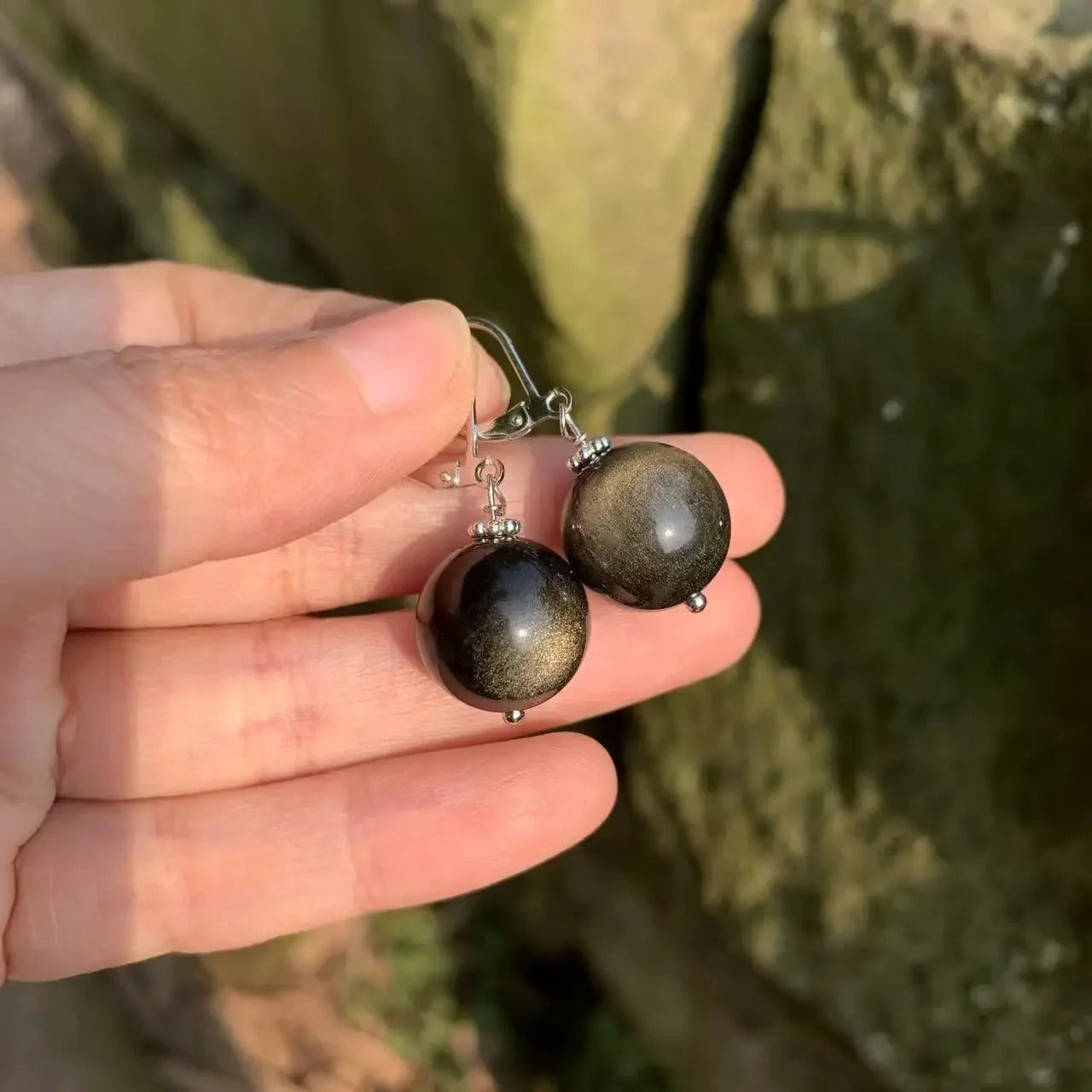 12MM Natural Golden Obsidian Hoop Earrings 925 Sterling Silver Simple Classic Round Circle Gemstone Jewelry