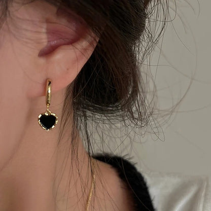 Sterling Silver Black Heart Gold Hoop Earrings Women Party Jewelry