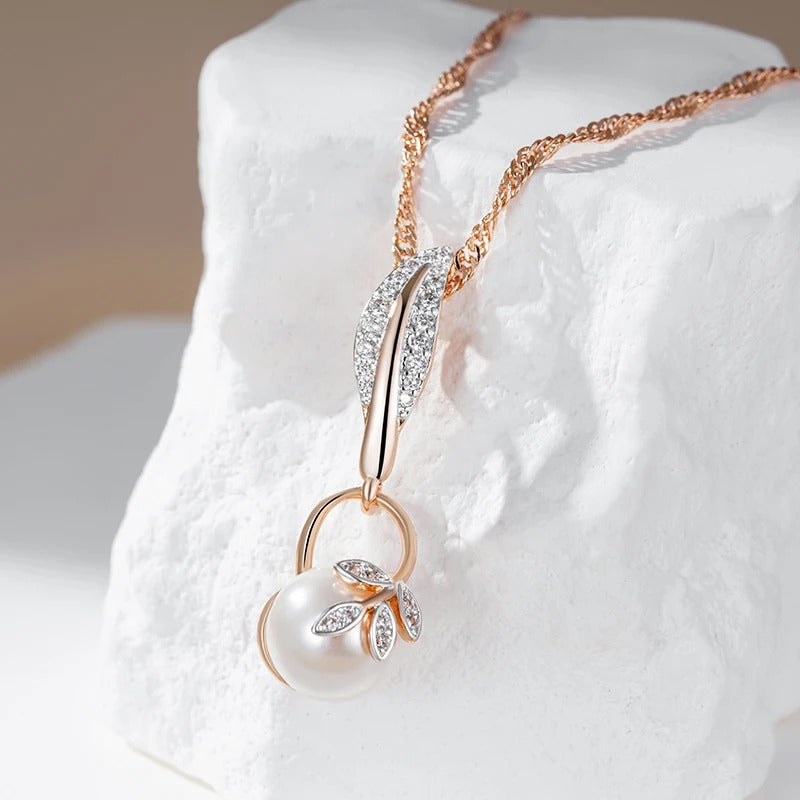Kinel Hot Crystal Flower Pearl Pendant Necklace for Women 585 Rose Gold Silver Color Mix Boho Ethnic Wedding Jewelry Gift