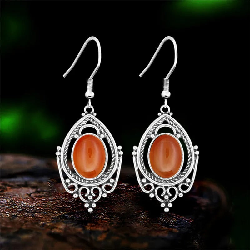 Vintage Amethyst & Tiger Eye Drop Earrings Silver Women
