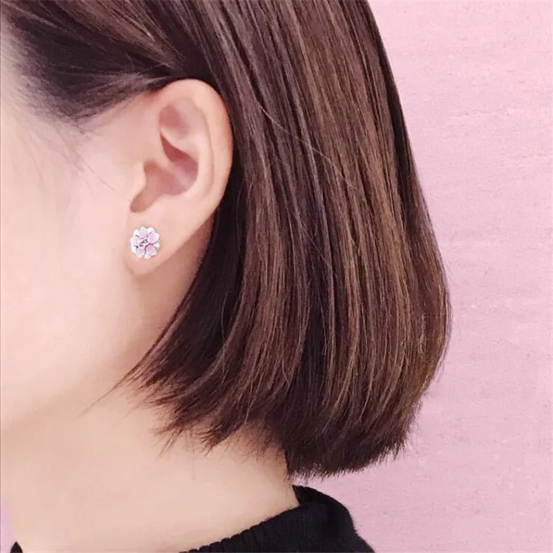 New Beautiful Magnolia Flower 925 Sterling Silver Jewelry Fashion Lover Birthday Gift Pink Crystal Popular Stud Earrings