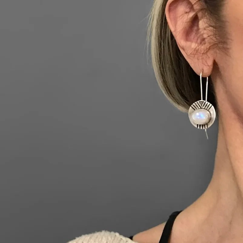Ancient Round White Moonstone Earrings Tribal Jewelry Vintage Silver Color Metal Long Dangle Earrings for Women