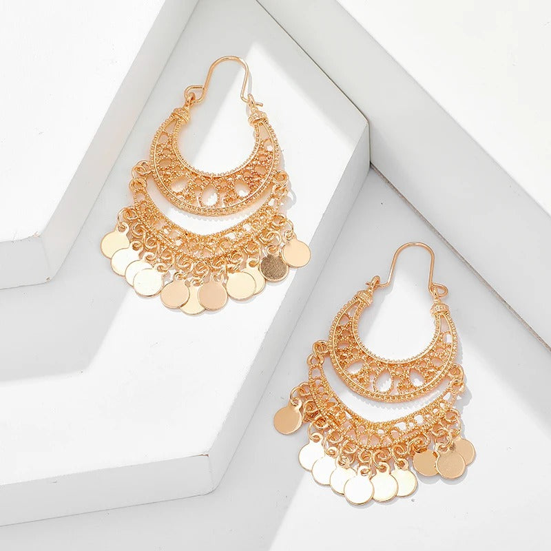 Gold Hollow Leaf Coin Pendant Earrings for Women Long Tassel Dangle Jewelry