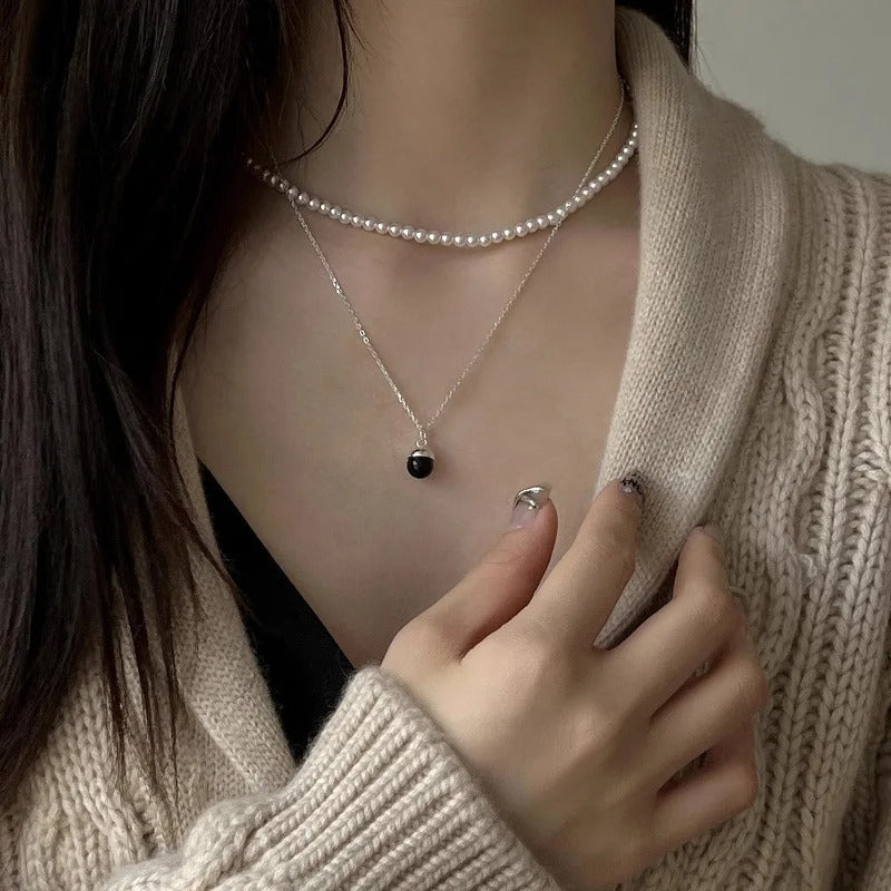 925 Sterling Silver Necklace Black Ball Simple Pendant Punk Geometric for Women Girl Jewelry Gift