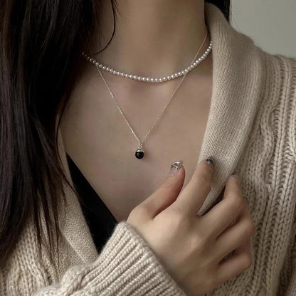 925 Sterling Silver Necklace Black Ball Simple Pendant Punk Geometric for Women Girl Jewelry Gift