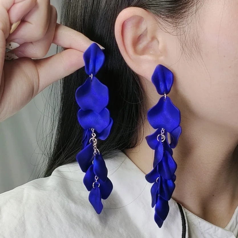 Petal Tassel Long Drop Earrings for Women Red Blue Dangle Jewelry Gift