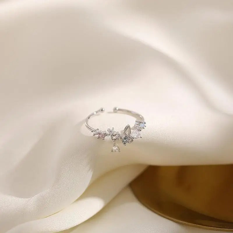 Adjustable Zircon Flower Bow Ring for Women Princess Jewelry Gift