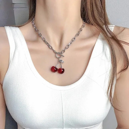 Red Cherry Pendant Necklace Korean Retro Clavicle Chain Women