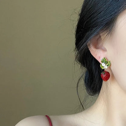 3D Strawberry Fruit Earrings with Green Leaves for Girls