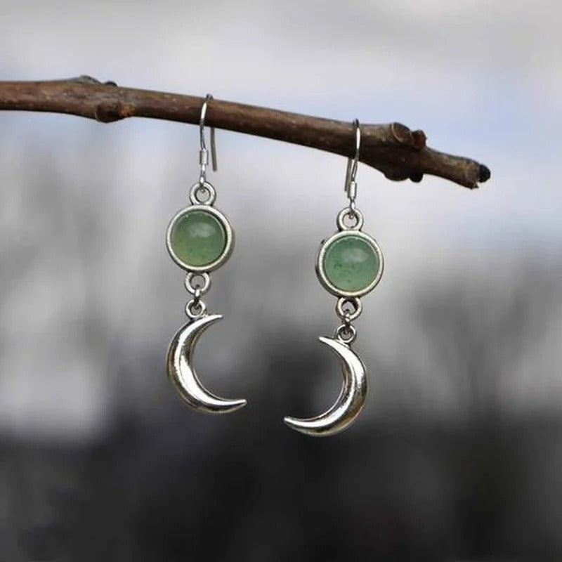 Creative Moon Earrings Silver Color Green Stone Women Jewelry
