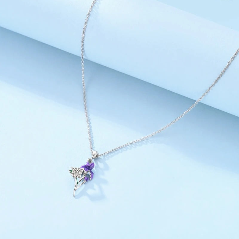 2025 New 925 Sterling Silver Necklace Zircon Purple Iris Flower Simple Necklaces for Women Anniversary Birthday Jewelry Gift