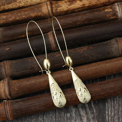 Charm Gold Color Geometry Round Flower Carving Dangle Earrings for Women Jewelry