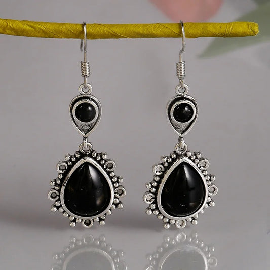 Vintage Black Stone Drop Earring Jewelry Triangle Hollow Ear Jewelry For Women Girls