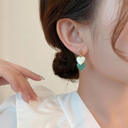 925 Silver Green Peach Heart Drop Earrings Korean Fashion Jewelry