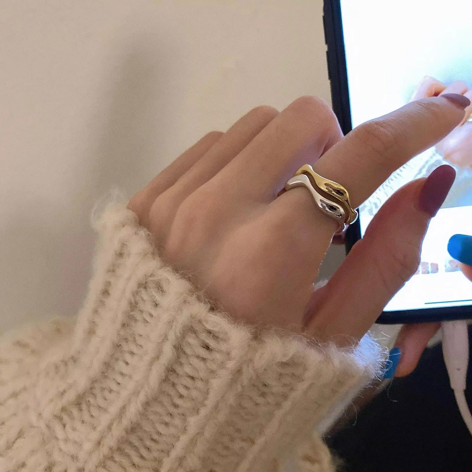 Sterling Silver Irregular Design Wave Golden Stackable Finger Rings Trendy Adjustable For Women Gifts.