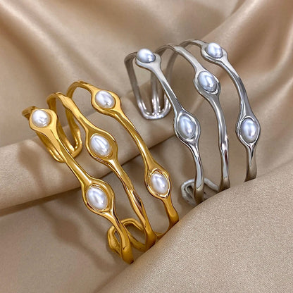 Vintage Layered Pearl Bangles Gold Plated Stainless Steel Cuff