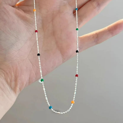Pure 925 Sterling Silver Rainbow Bean Chain Necklace Women Girls Jewelry