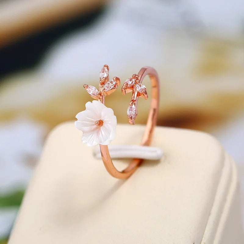 Rose Gold Leaf Shell Flower Ring Adjustable Jewelry for Women