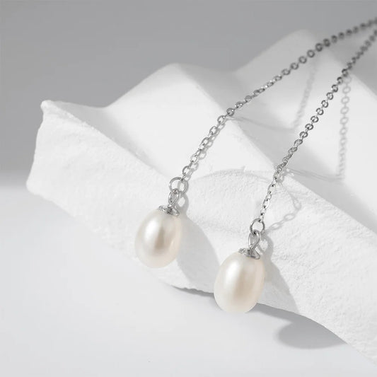 Tempusort 925 Sterling Silver Freshwater Pearl Chain Threader Earrings for Women Elegant Drop Fashion Jewelry