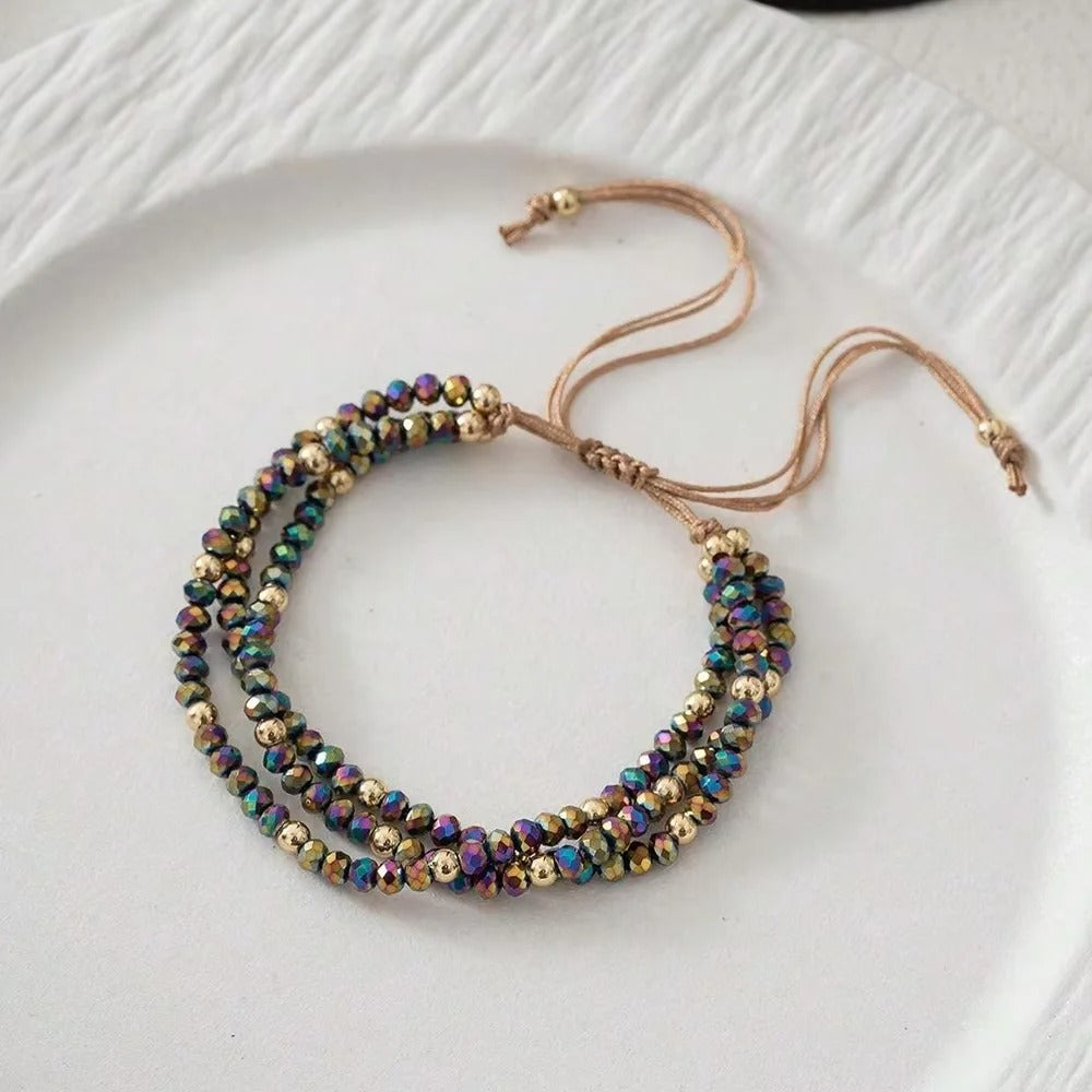 3 Layers AB Blue Gold Color Beaded handmade Adjustable Bracelet For Women Vintage Design String Weaving Knots Bracelet Jewelry