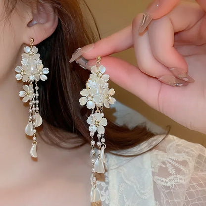 Pearl Tassel Flower Drop Earrings Women’s Romantic French Jewelry