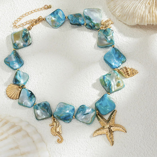 Sea Turtle Sea Conch Sea Star Pendant Necklace 2025 Women's Simple Creative Blue Stone Weaving Girls Beach Jewelry