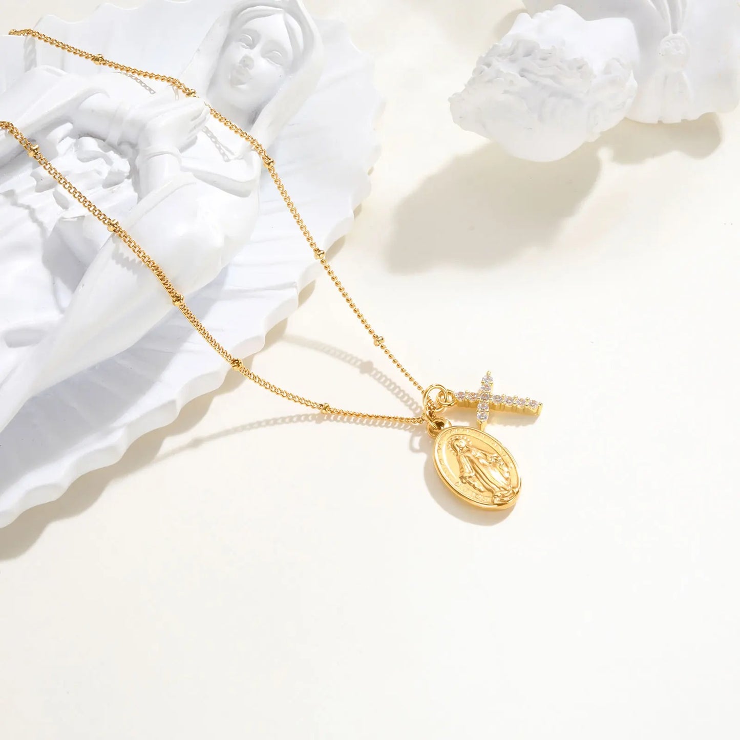 Gold Plated Virgin Mary Zircon Cross Pendant Necklace Stainless Steel