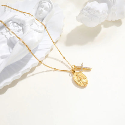 Gold Plated Virgin Mary Zircon Cross Pendant Necklace Stainless Steel