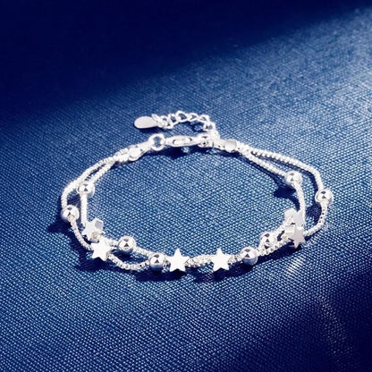 Sterling Silver Double Layers Stars Beads Bracelets for Women Elegant Box Chain Charm Bracelet Birthday Party Gift