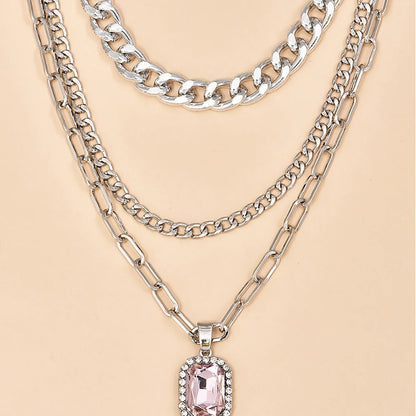 New Silver Color Multi-layer Chain Rectangular Crystal Pendant Necklaces For Women Female Necklace Jewelry Gift