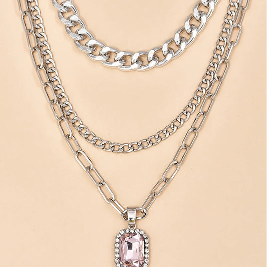 New Silver Color Multi-layer Chain Rectangular Crystal Pendant Necklaces For Women Female Necklace Jewelry Gift