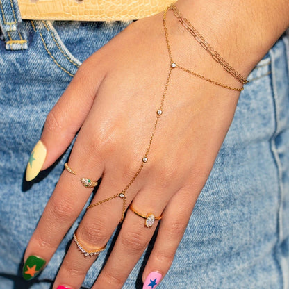18K Gold Plated Stainless Steel Hand Chain Bracelet with Zircon Ring