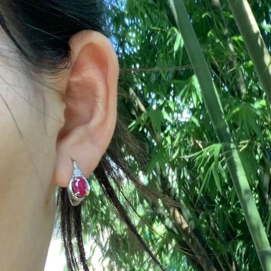 Stone Ruby Hoop Earrings Women Classic Stainless Steel Jewelry