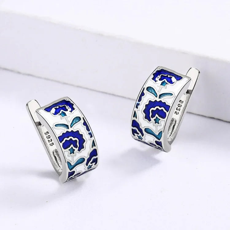 Classic Handmade Blue Enamel Earrings Women Flower Shape Jewelry