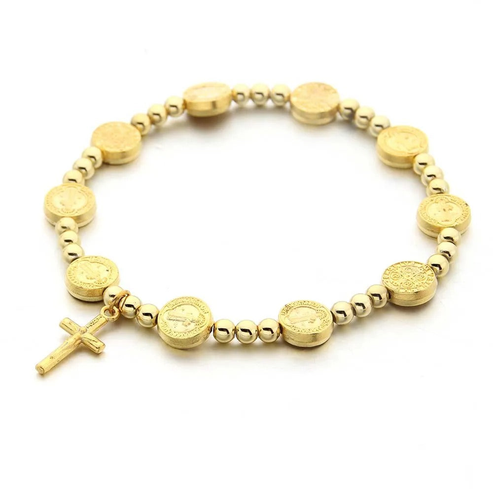 Gold Plated Saint Benedict Beads Cross Bracelet for Men & Women