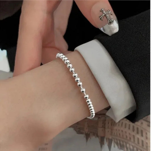 Solid 925 Sterling Silver Metal Bracelets for Women Men Beads Adjustable Handmade Simple Bracelet Birthday Gift
