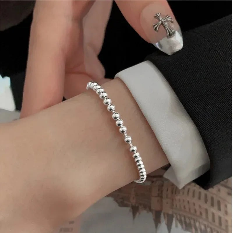 Solid 925 Sterling Silver Metal Bracelets for Women Men Beads Adjustable Handmade Simple Bracelet Birthday Gift