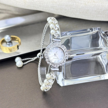 Elegant Double Row Pearl Bracelet Women’s Quartz Watch with Diamond Studded Case