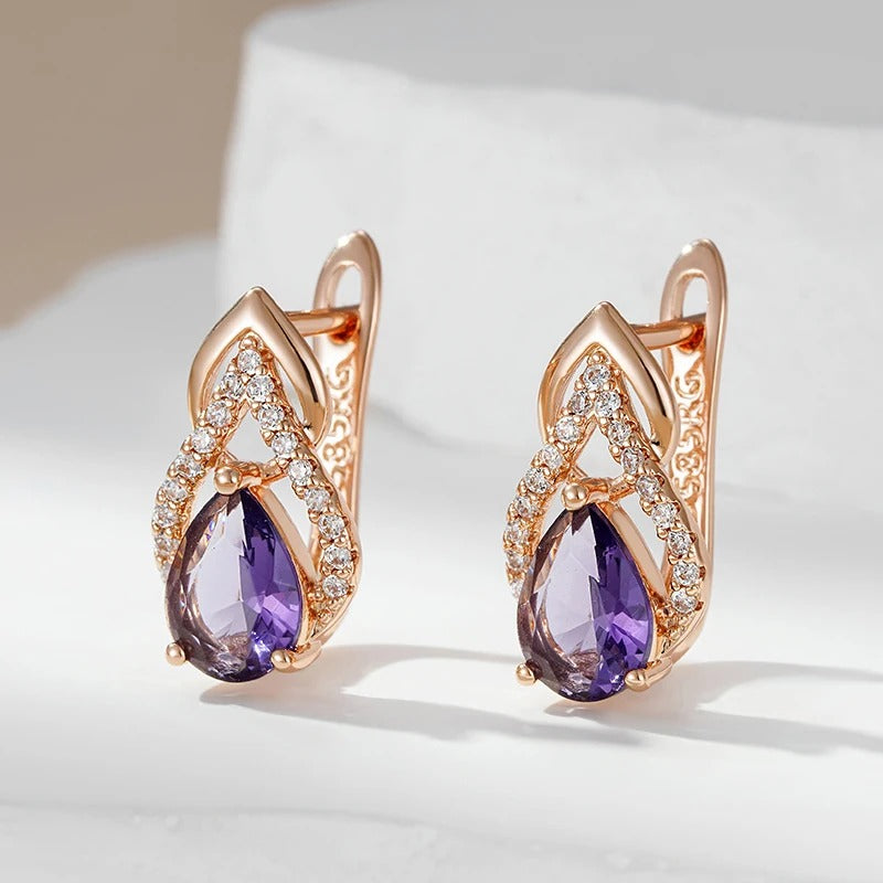 Purple Zircon Water Drop Earrings 585 Rose Gold for Women