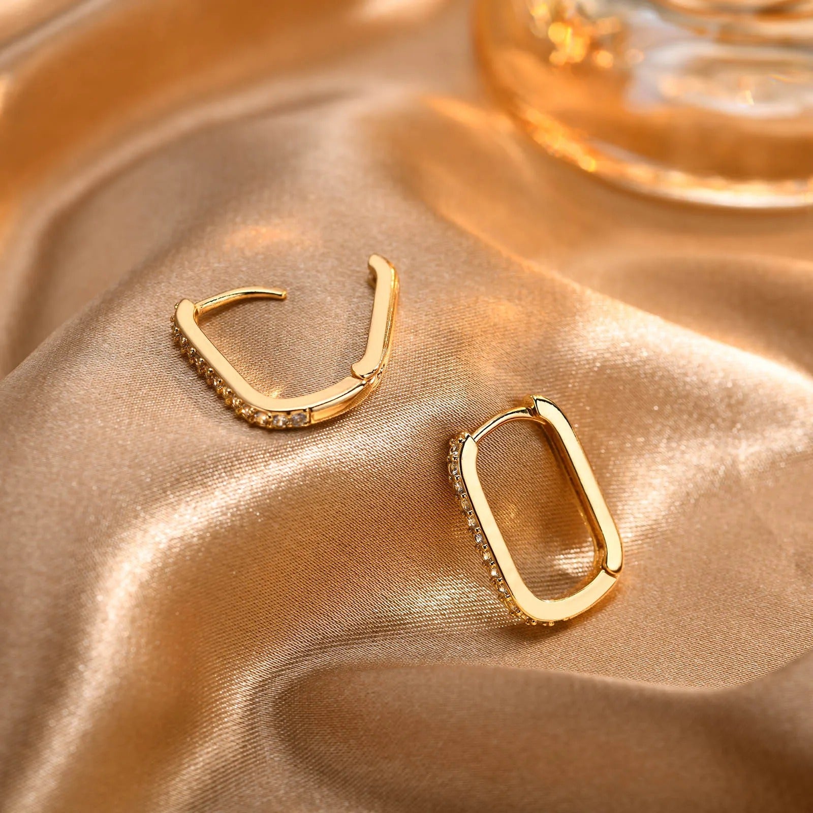 Women Trendy Gold Plated Copper Cubic Zirconia Row Huggies, Chic Rectangle Geometric CZ Stone Hoop Earrings