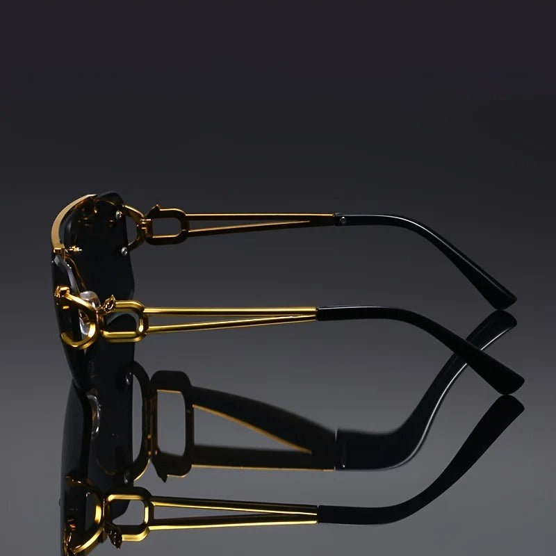 Vintage Luxury Golden Frameless Sunglasses Cool Tiger Stand Detail Unisex Anti Glare Travel Eyewear