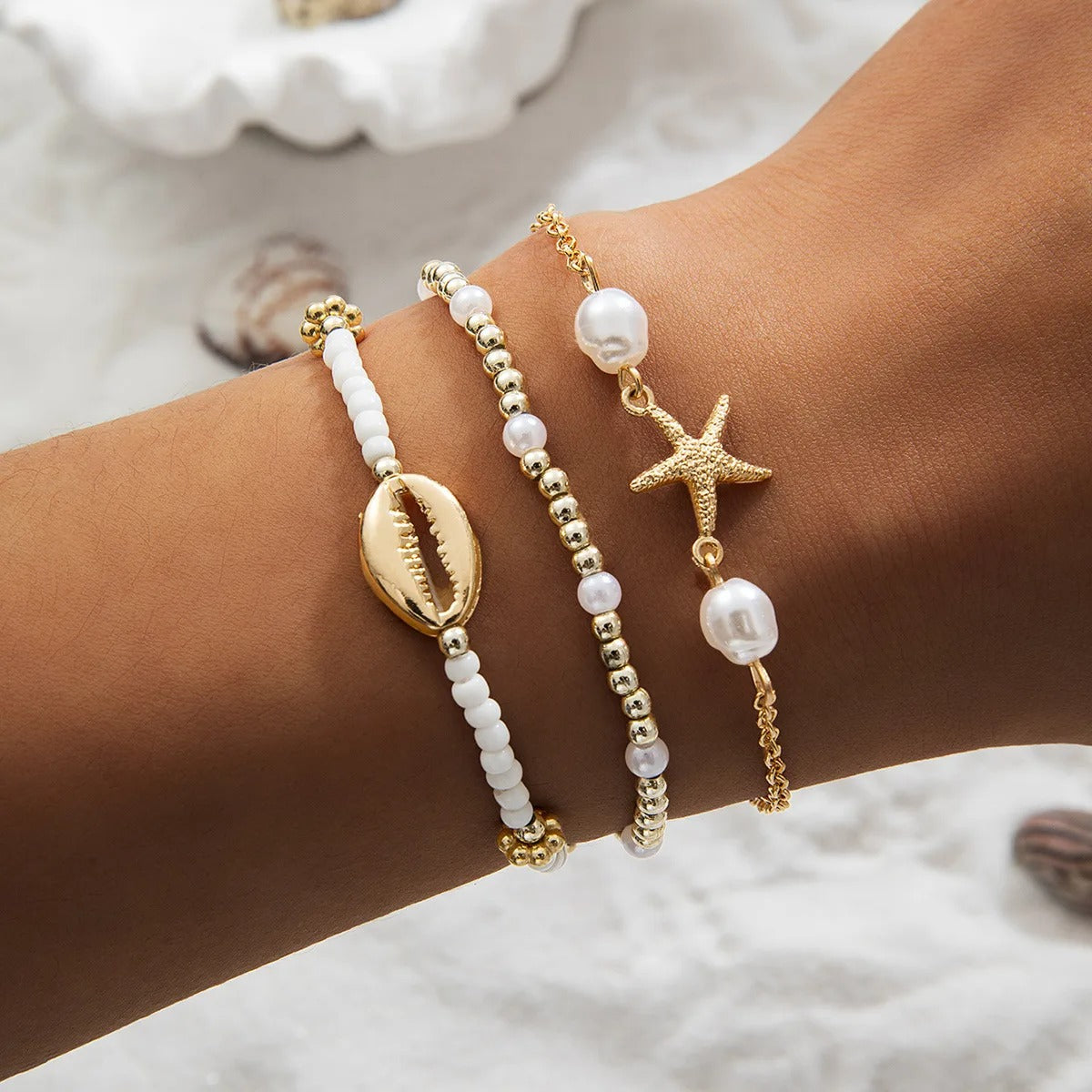 3 Pcs Summer Shell Bracelet Set For Women Gold Silver Color Starfish Charm Pearl Chain Bangle Beach Vacation Jewelry
