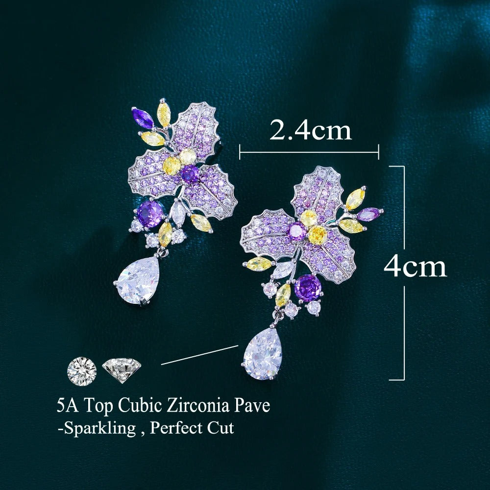 Purple Cubic Zircon Flower Leaf Drop Earrings Women Bridal
