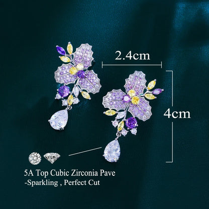 Purple Cubic Zircon Flower Leaf Drop Earrings Women Bridal
