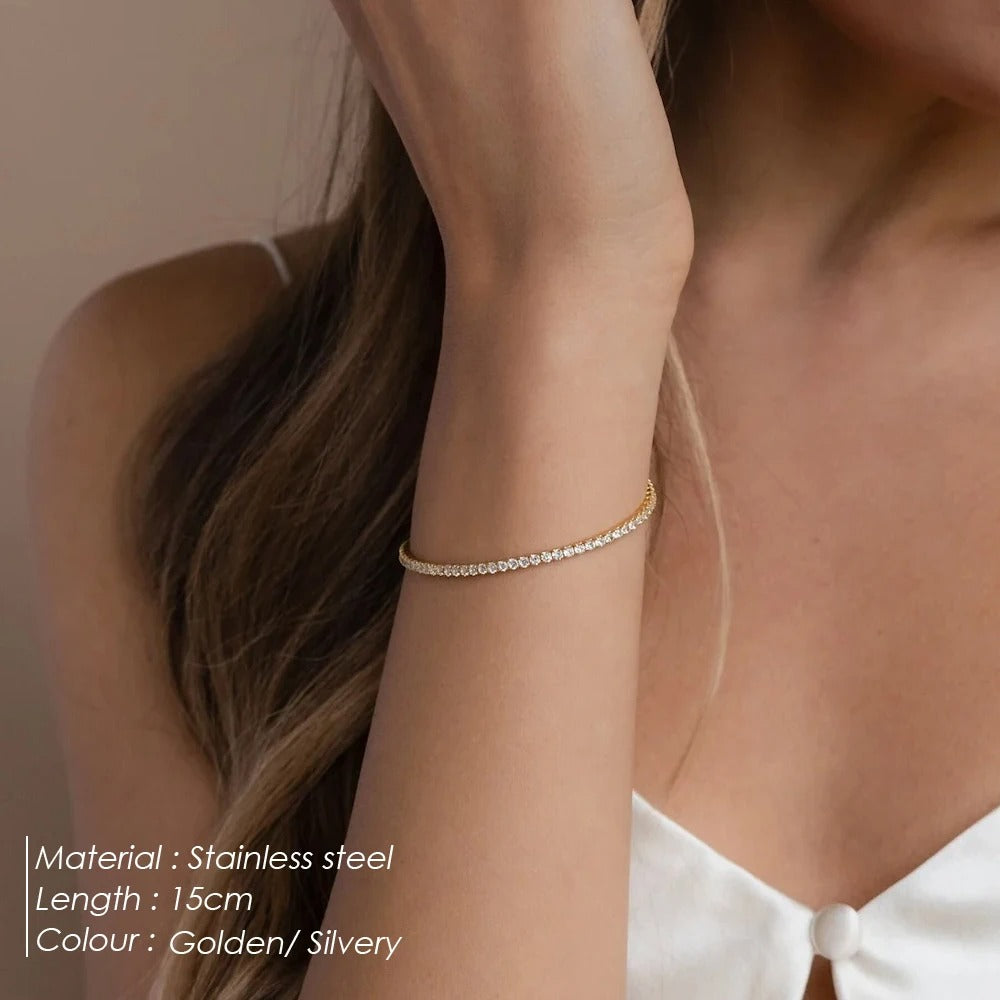 Stainless Steel Gold Plated Bracelet White Zirconia Single Row Girls