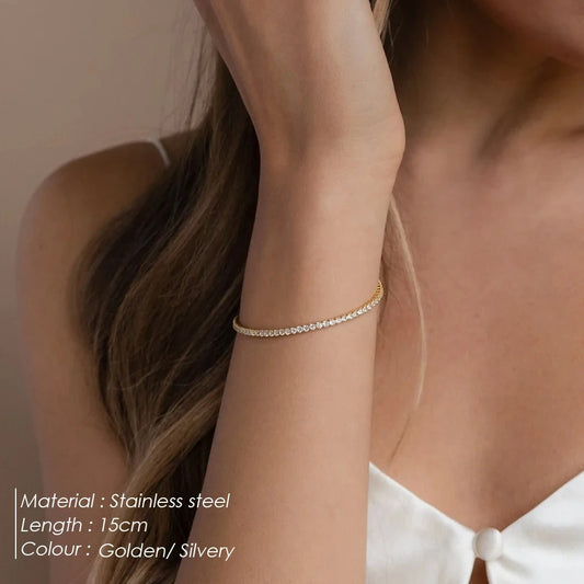 Stainless Steel Gold Plated Bracelet White Zirconia Single Row Girls