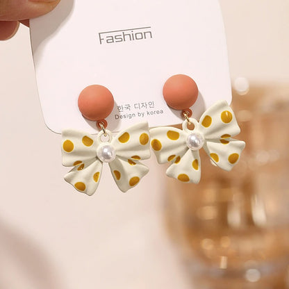 Women’s Korean Style Bowknot Earrings Polka Dot Pearl Party Jewelry
