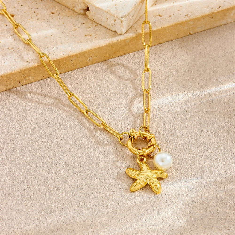 316L Stainless Steel Golden Ocean Style Starfish Pearl Pendant Necklace Lady New Summer Beach Neck Chain Jewelry Gift