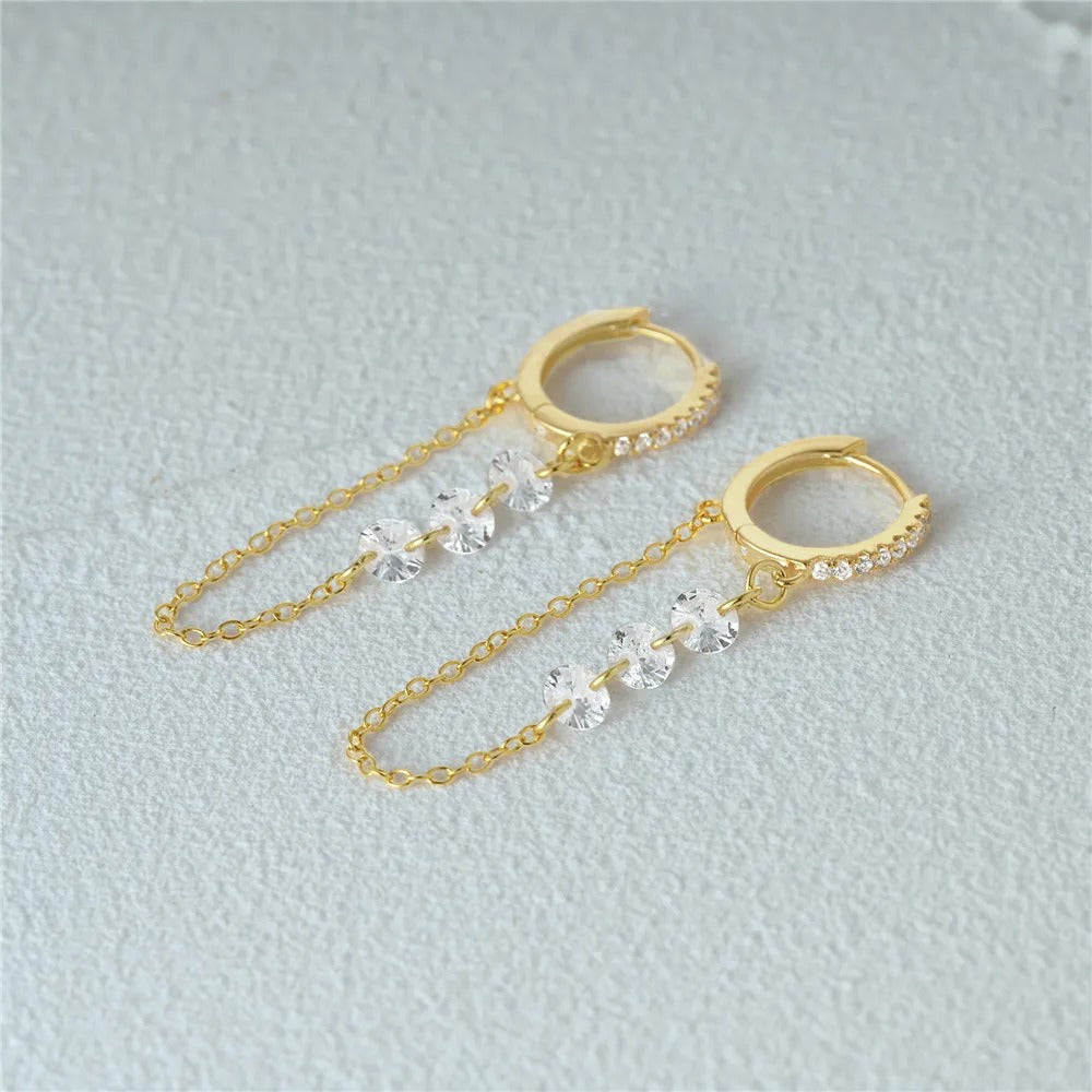 Gold Hoop Buckle Earrings with 3 Zircons 925 Silver for Women